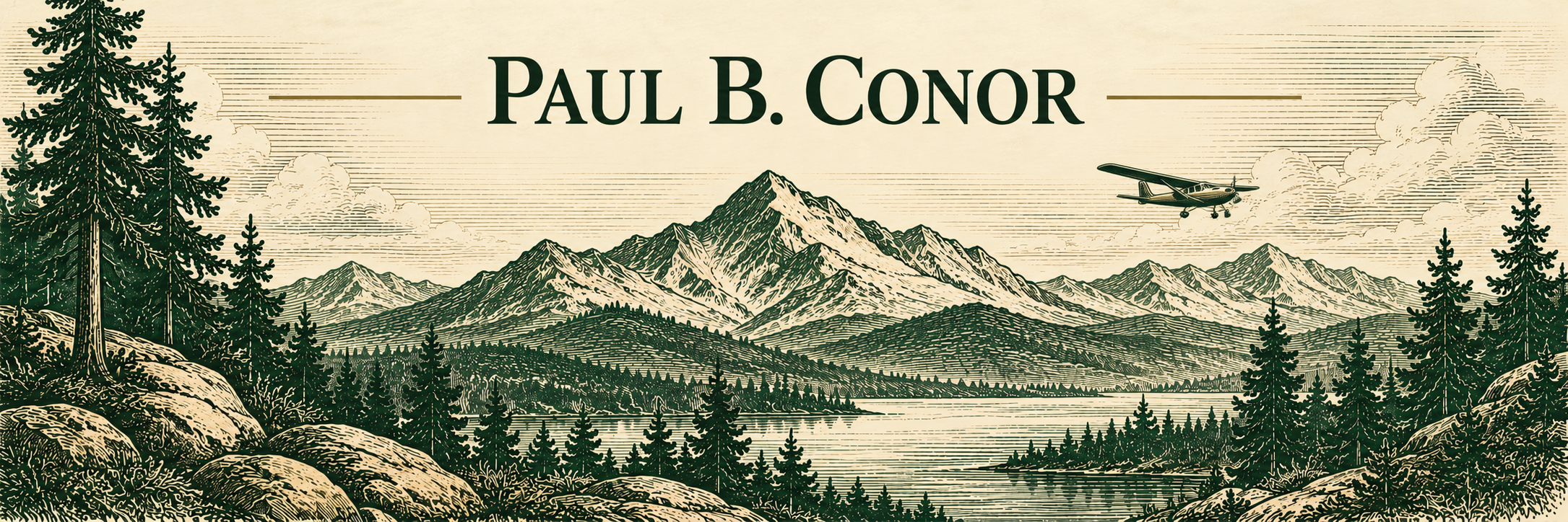 Paul B. Conor above an engraved mountain landscape with a small aircraft